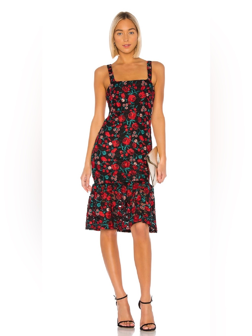 Lovers + Friends Under The Stars Black & Red Embroidered Floral Midi Dress Small